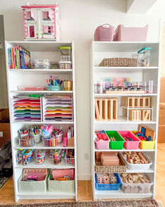 two white shelves filled with lots of crafting supplies and storage bins on top of each shelf