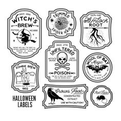 halloween labels and stickers for witches, beer bottles, and other items in black and white