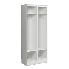 a white bookcase with two doors and shelves