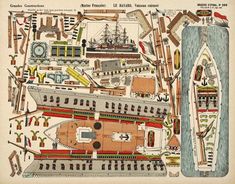 an old map with ships and other things on the top of it, including buildings