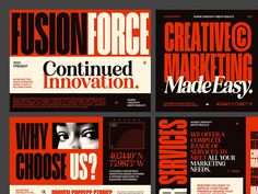 four different types of flyers with orange and black lettering