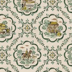 an old fashioned wallpaper with horse drawn carriages and people on horseback in the background