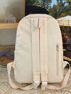 BirdinBag - Adjustable Strap Preppy White Classic Backpack with Letter Patch Daily Use Softback Backpack, Cream Backpack For Travel And Back To School, Back To School Large Capacity Cream Backpack, Cream Rectangular Backpack For Daily Use, Large Capacity Cream Backpack For Students, Portable Beige Standard Backpack, Cream Backpack For Daily Use, Cream Backpack With Adjustable Strap For Students, Cream Standard Backpack For Daily Use