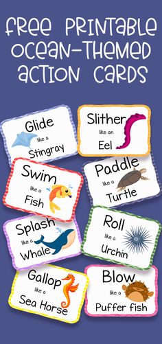 an ocean themed action cards with the words, free printable ocean - themed action cards