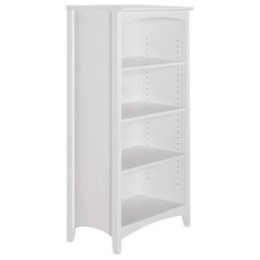 a white bookcase with four shelves on each side