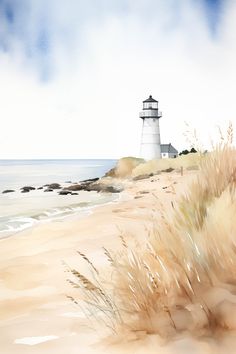 a painting of a lighthouse on the beach with water and sand in the foreground