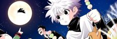 an anime character with white hair pointing at the moon in the night sky while another person looks on