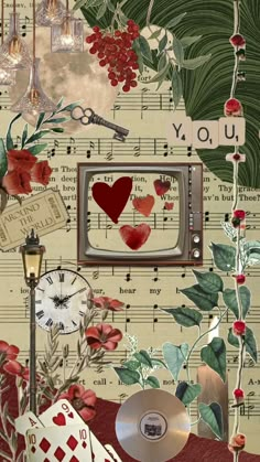 a collage of various items including a clock, music sheets and flowers with words written on them