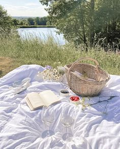 an open book and some wine glasses on a blanket next to the water with trees in the background