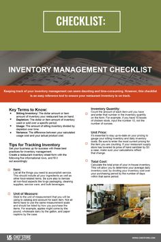 Checklist: Inventory Management Restaurant Inventory, Restaurant Manager Checklist, Menu Engineering, Price Calculator, Standard Operating Procedure, Inventory Management, Staff Training, Restaurant Management