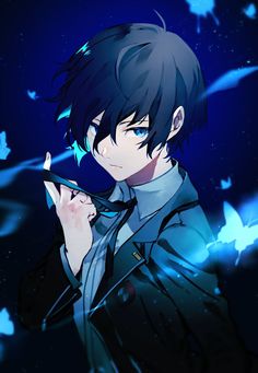 an anime character with black hair and blue eyes holding a cell phone in his hand