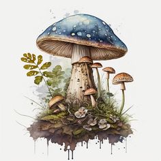 a painting of mushrooms with watercolors and ink on paper, in front of a white background