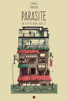 the movie poster for parasite starring in french and english, with an image of a