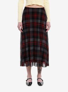 Add some prep to your step with this plaid midi skirt on! It features a grey & red plaid pattern on a mesh top layer. Perfect for any academia look!95% polyester; 5% spandexWash cold; dry lowLength: 33"Stretchy materialImportedListed in junior sizesModel is 5'10"Model wears size Small Mesh Top Layering, Emily The Strange, Disney Dragon, Blue Beetle, Retro Tv, Ghost Rider, Teenage Mutant, Red Plaid, Hot Topic