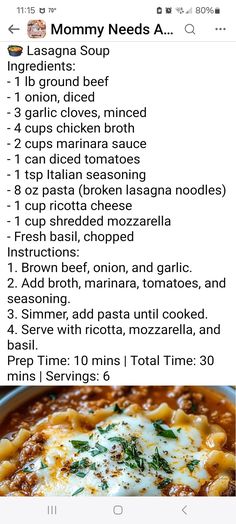 a recipe for mom's soup is shown on the phone screen, and it appears to be filled with lots of different ingredients