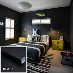 a black and white bedroom with yellow accents