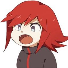 an anime character with red hair is making a shocked face and looking at the camera