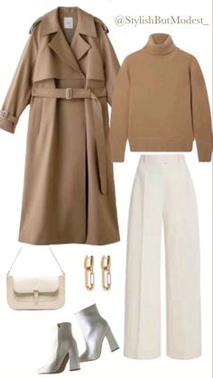 This camel trench coat paired with a cozy turtleneck sweater is all about warmth and elegance. Complement the look with wide-leg white trousers for a sophisticated touch, and sleek white ankle boots to add a modern twist. Accessorize with a structured cream handbag and gold statement earrings for a polished finish. Perfect for a coffee date, office wear, or a day out, this ensemble is timeless and effortlessly stylish!  #NeutralStyle #FallOutfitInspo #MinimalistFashion #ChicAndCozy #ElegantEssentials #ootd Classy Casual Outfits, Mode Inspo, Business Casual Outfits, Casual Style Outfits, Mode Inspiration, Lookbook Outfits, Winter Fashion Outfits, Teen Fashion Outfits