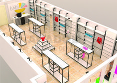 an artist's rendering of a retail store with tables and shelves filled with items