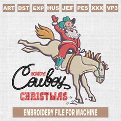 embroidery file for machine with santa riding on the back of a horse and text that says merry