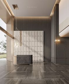 an empty room with wood flooring and white wall covering the walls, as well as a black bench