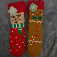 Two New Pair Of Slipper Socks One Reindeer And One Gingerbread Man. Fits Shoe Size 4 To 10 Steve Madden Slippers, Red Bear Slippers, Reindeer Slippers, Bearpaw Slippers, Fuzzy Sandals, Man Fits, Novelty Red Socks For Winter, Nike Flip Flops, Fuzzy Slides