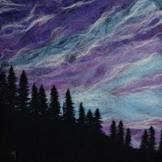 a painting of trees and clouds in the night sky with purple, blue, and green colors