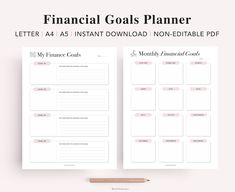 the financial goals planner is shown on top of a pink background