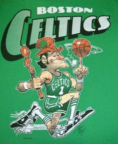 boston celtic basketball t - shirt with cartoon character on front and green background, featuring an image of a man holding a basketball in his right hand