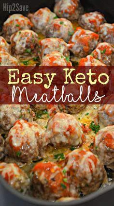 an easy keto meatballs recipe in a skillet with the title overlay