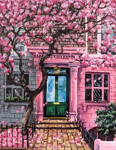 a painting of a pink building with a green door and tree in the foreground