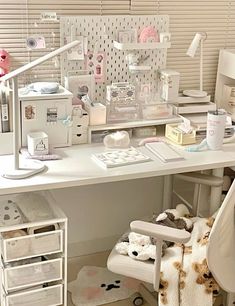 a white desk topped with lots of clutter