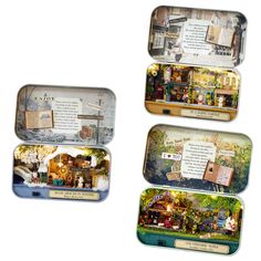 four tins with pictures and text on them