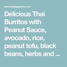 the words delicious thai burritos with peanut sauce, avocado, rice, peanut