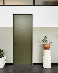 two potted plants are next to a door in a white and gray room with black trim