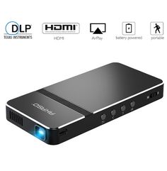 an image of a black projector with blue light on it's side and the words d lp hdmi above it