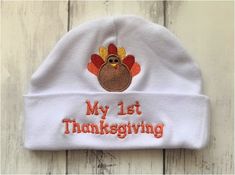 My First Thanksgiving Baby Beanie My First Thanksgiving, 1st Thanksgiving, Cute Turkey, White Beanie, Thanksgiving Baby, White Beanies, First Thanksgiving, Turkey Design, Baby Beanie