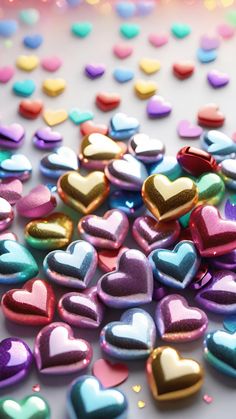 there are many heart shaped confetti on the table with it's colors