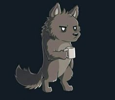 a cartoon wolf holding a coffee cup in its paws with the caption, i love you