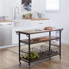 a kitchen island with two baskets on it