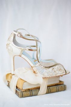 a pair of wedding shoes sitting on top of a stack of books in front of a white background