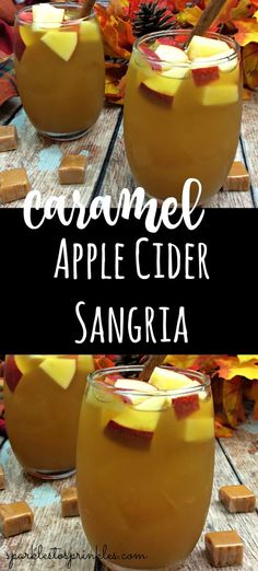 two glasses filled with apple cider sangria sitting on top of a wooden table