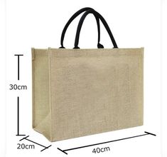 a large jute bag is shown with measurements for the handles and sides, along with an extra black handle