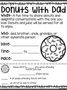 a printable worksheet for dad's day with the words, donuts with dad