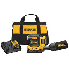 a cordless drill with two batteries and a tool bag