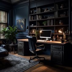 a home office with dark blue walls and wooden floors, along with a leather chair