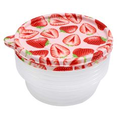 three plastic containers with strawberries printed on the lids, one in white and one in pink