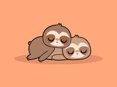 two sloths are sleeping together on the ground with their eyes closed and one is laying down