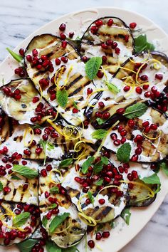 grilled eggplant and pomegranate salad with yogurt dressing