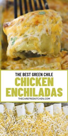 the best green chile chicken enchiladas recipe with cheese on top and shredded parmesan